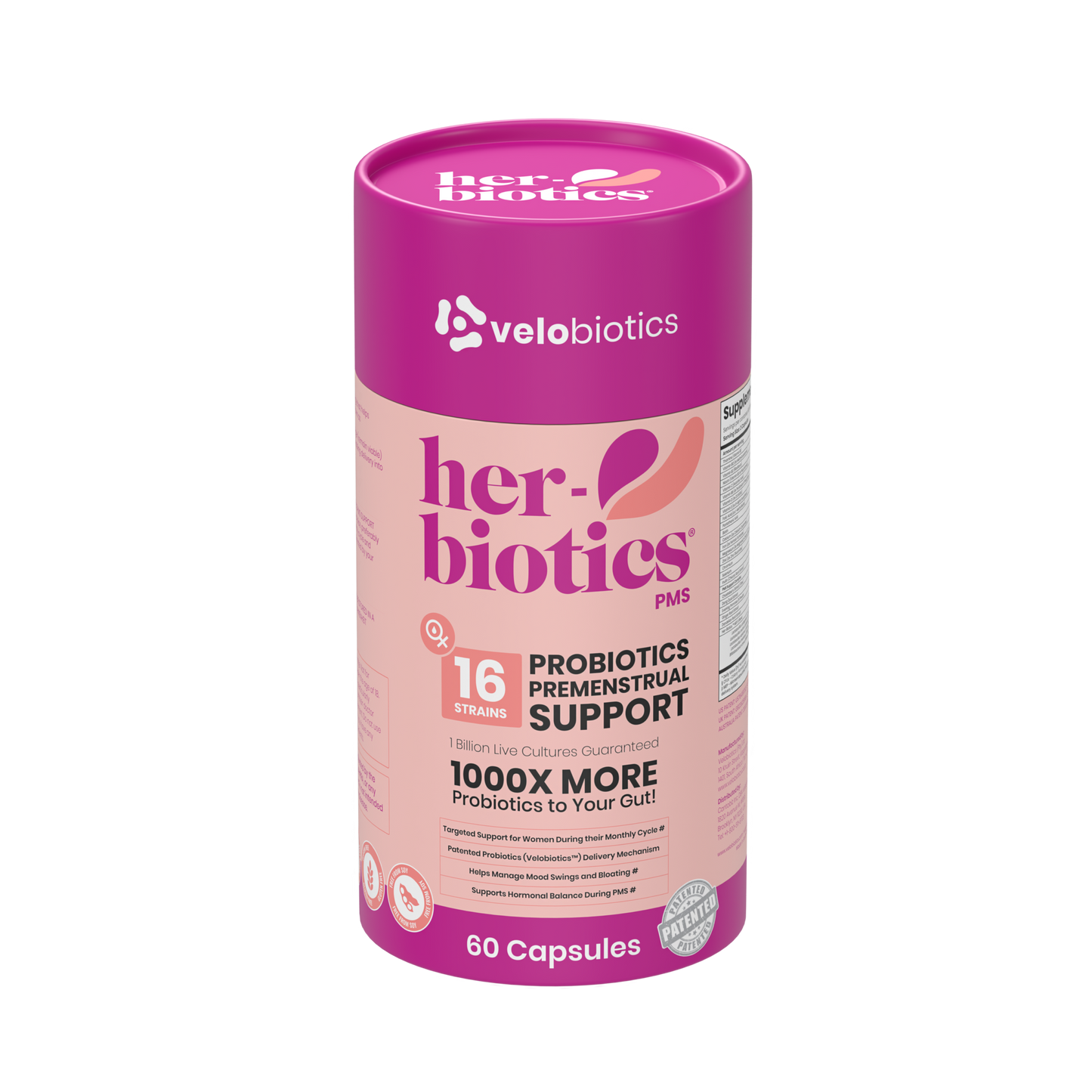 Her-Biotics PMS Support probiotic supplement with 16 strains for premenstrual relief, 60 capsules bottle