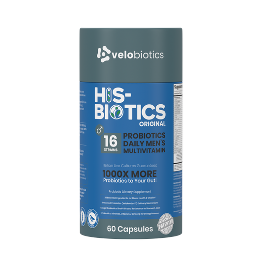 His-Biotics Original Capsules men's multivitamin with 16 probiotic strains for gut health and vitality, 60 capsules bottle.