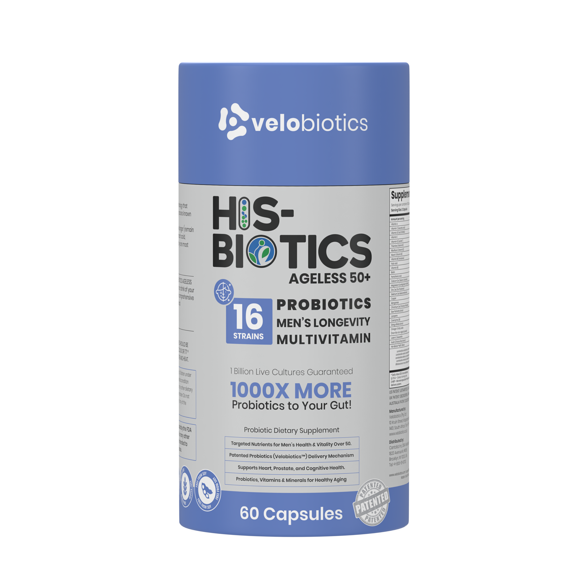His-Biotics Original Ageless 50+ men's probiotic multivitamin with 16 strains, Velobiotics technology, supports prostate, heart, and cognitive health, 60 capsules
