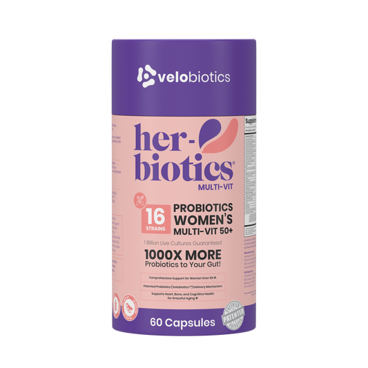 Her-Biotics Ageless Senior Support multivitamin and probiotics for women 50+ promoting heart, bone, cognitive, and gut health.