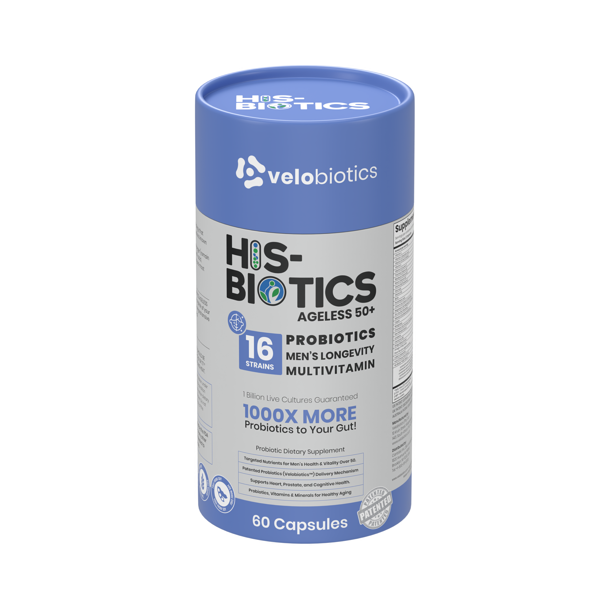 His-Biotics Original Ageless 50+ multivitamin probiotics for men's health and longevity, 60 capsules bottle