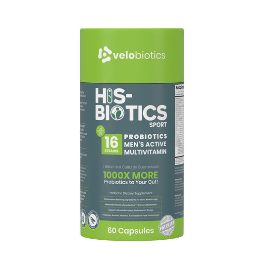 His-Biotics Probiotics SPORT multivitamin capsules for men's active gut health and athletic performance with 16 probiotic strains and Velobiotics delivery.