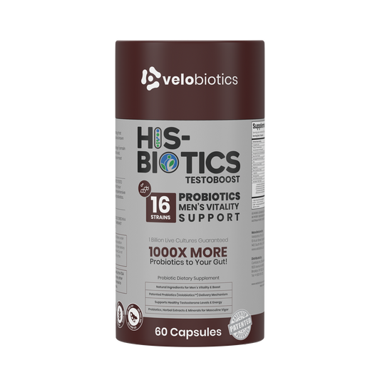His-Biotics Sport Testo Boost probiotics supplement for men's vitality and testosterone support, 60 capsules bottle