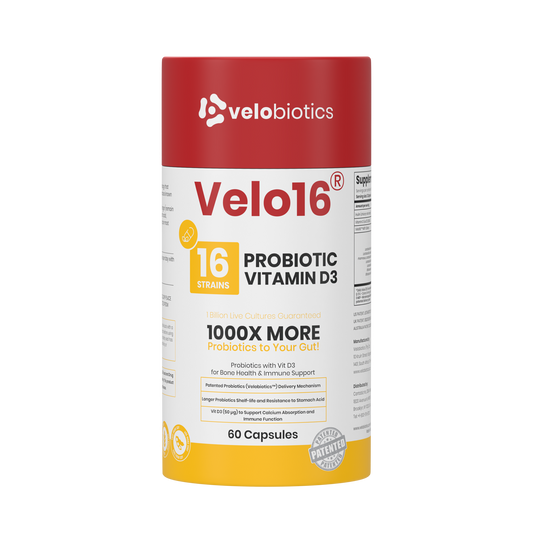 Velo16 Probiotics supplement bottle with Vitamin D3 for gut and immune health.