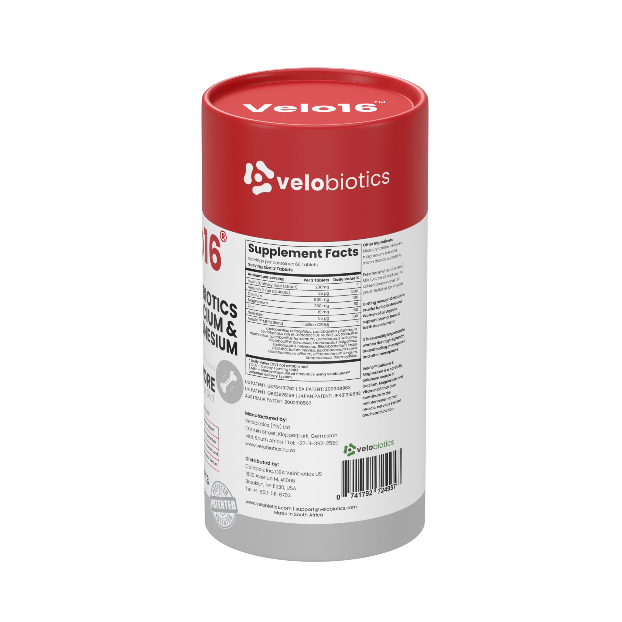 Velo16 Probiotics supplement bottle with Calcium, Magnesium, Vitamin D3, Zinc, and patented microencapsulated probiotics for gut and bone health support