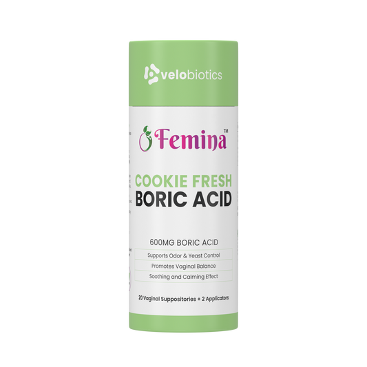 Femina™ Cookie Fresh Boric Acid Suppositories package with 600mg boric acid, promoting vaginal balance and odor control.