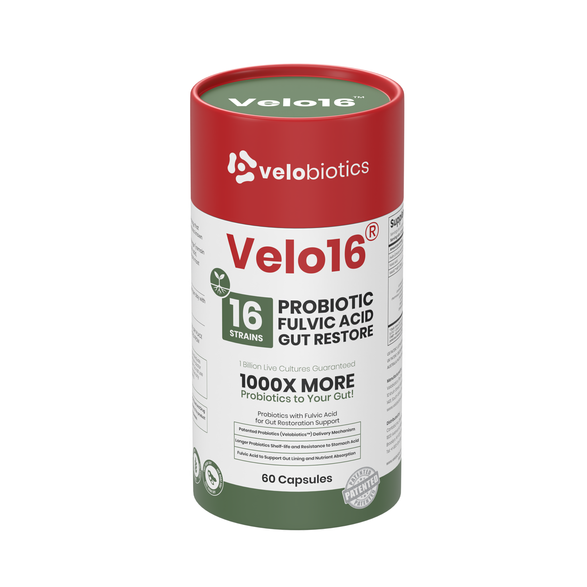Velo16 Probiotics Fulvic Acid supplement with 16-strain probiotic blend for gut restoration and nutrient absorption support, 60 capsules.