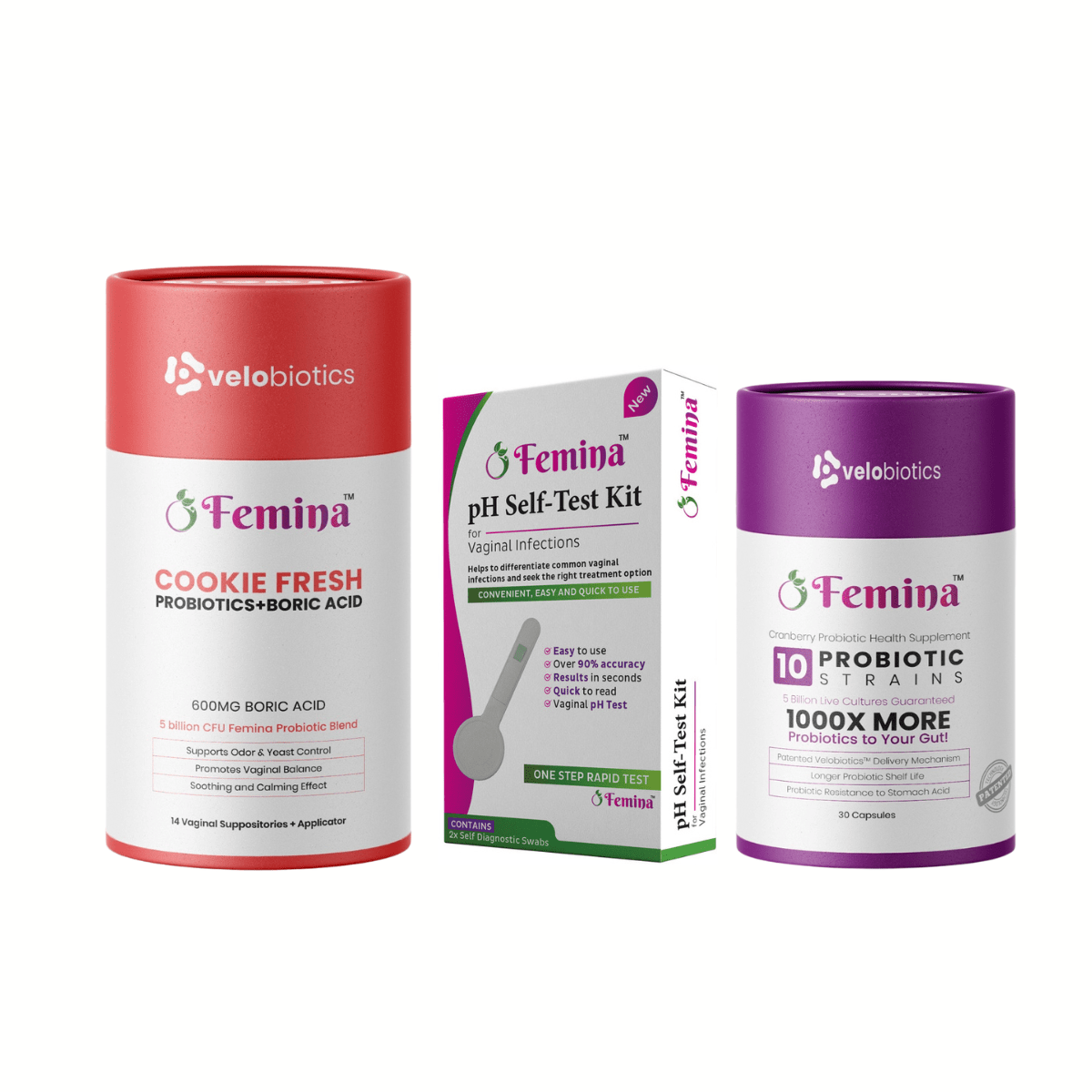 Femina Intimate Reset Kit (Starter Pack) – pH Self - Test + Boric Acid + Probiotic Capsules - Velobiotics
