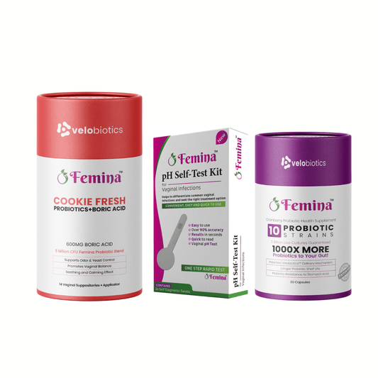 Femina Intimate Reset Kit (Starter Pack) – pH Self - Test + Boric Acid + Probiotic Capsules - Velobiotics