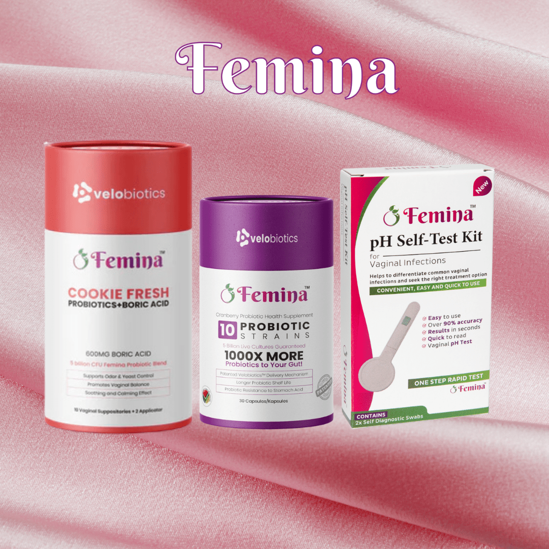 Femina Intimate Reset Kit (Starter Pack) – pH Self - Test + Boric Acid + Probiotic Capsules - Velobiotics