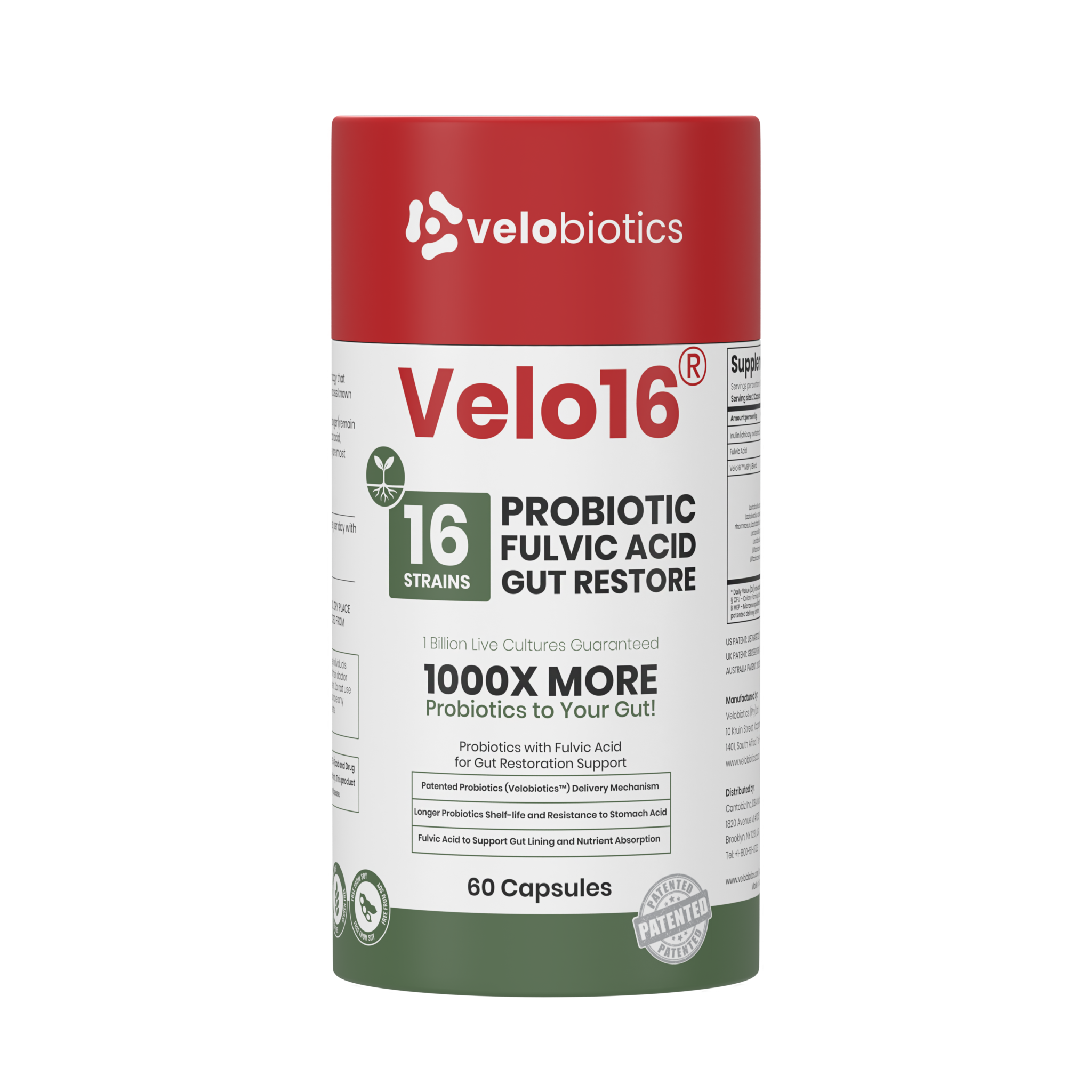 Velo16 Probiotics Fulvic Acid supplement bottle with 16 strain probiotic blend for gut restoration and nutrient absorption support