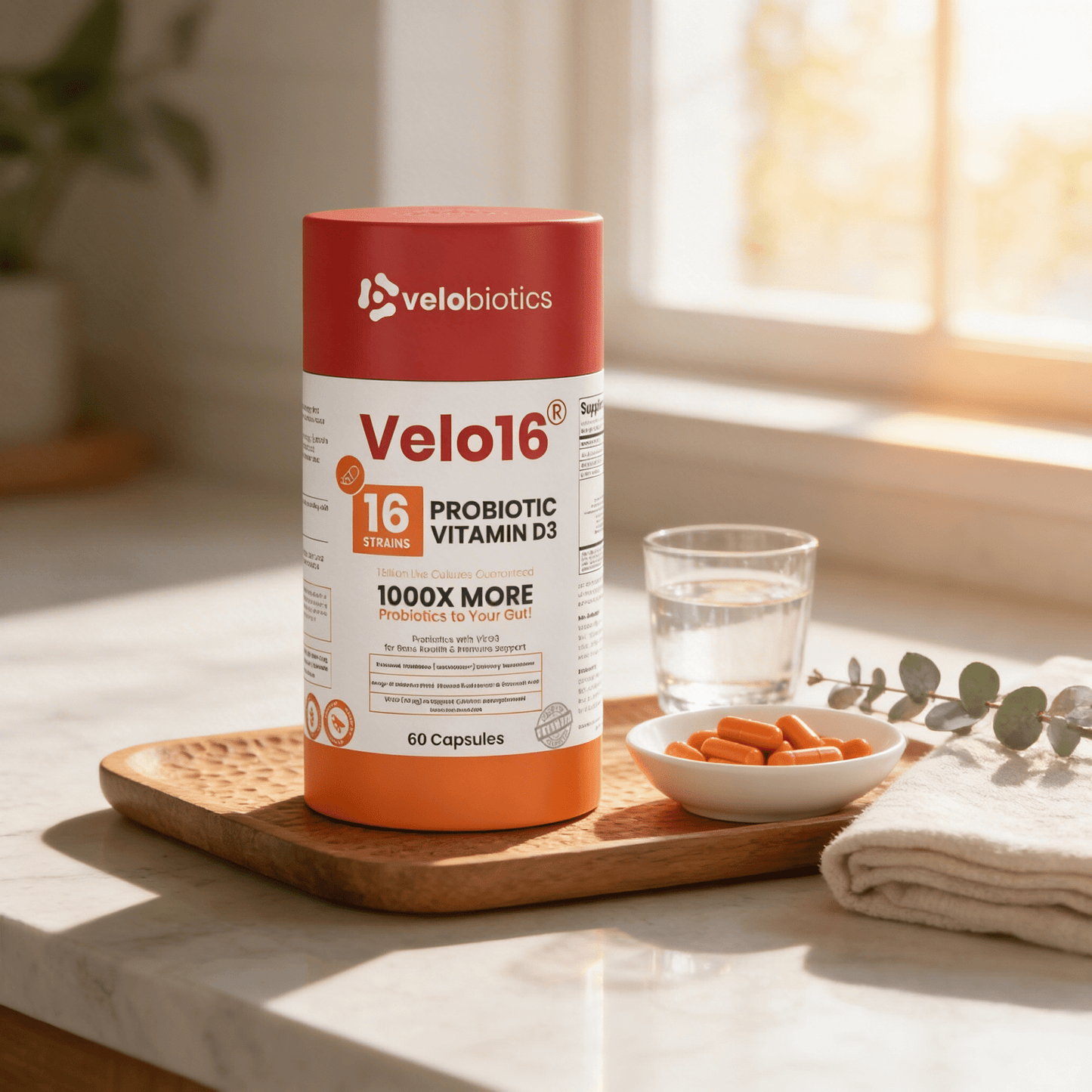 Velo16™ Probiotics supplement bottle with Vitamin D3 for immune and gut health support