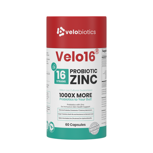Bottle of Velo16 Probiotics with Zinc Picolinate supplement for immune and skin health support
